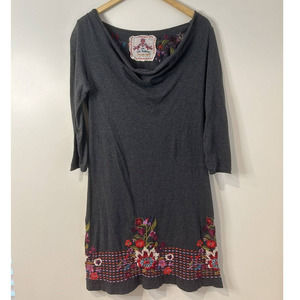 Johnny Was Long Sleeve Gray Dress with Cowl Neck Floral Embroidery Small